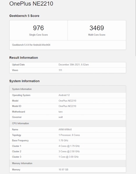 OnePlus 10 Pro отметился в Geekbench с процессором Snapdragon 8 Gen 1 и 12 Гбайт оперативной памяти