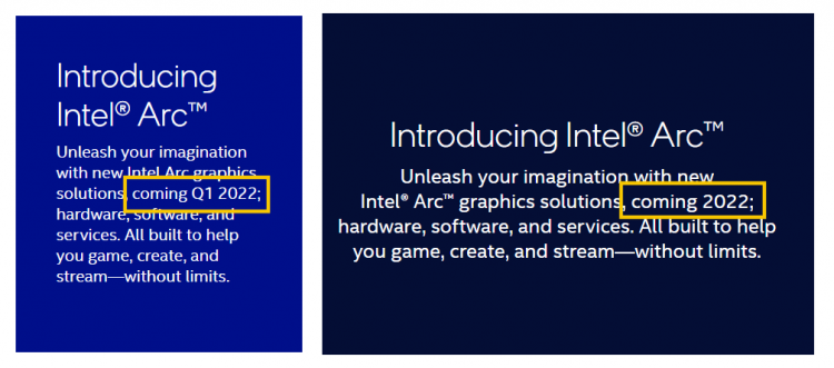 Intel убрала со своего сайта упоминание о выпуске видеокарт Arc в первом квартале 2022 года