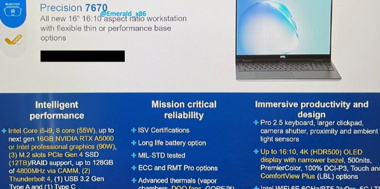 Dell готовит ноутбук Precision 7670 с чипом Alder Lake-HX, графикой Intel Arc Pro и проприетарными модулями памяти DDR5