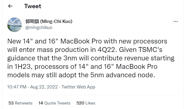 Следующие MacBook Pro получат новые чипы M2, выполненные по старым 5-нм нормам