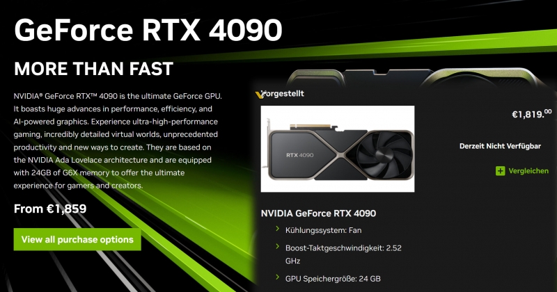 NVIDIA опустила цену GeForce RTX 4090 Founders Edition в Европе до €1819 — на 7 % ниже рекомендованной