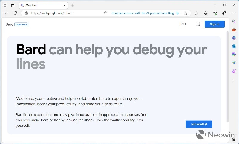Бета-версия Microsoft Edge начала показывать рекламу ИИ-бота Bing на странице Google Bard