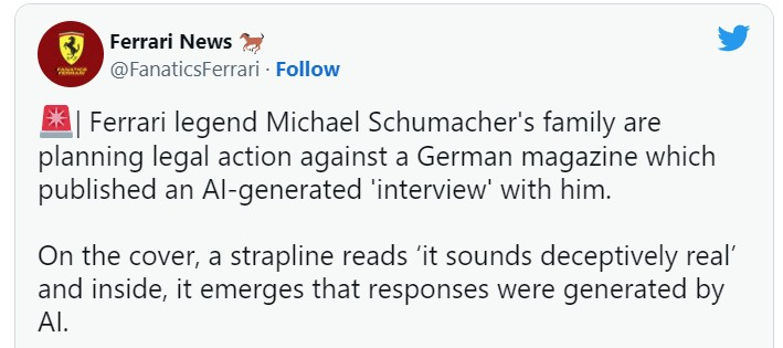 Немецкий журнал опубликовал интервью с Шумахером, которое сгенерировал ИИ — главреда за такое уволили