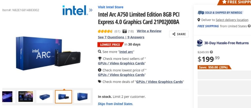 Видеокарта Intel Arc A750 Limited Edition подешевела до $199