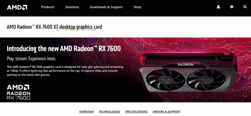 AMD упомянула ещё не вышедшую видеокарту Radeon RX 7600 XT на своём сайте