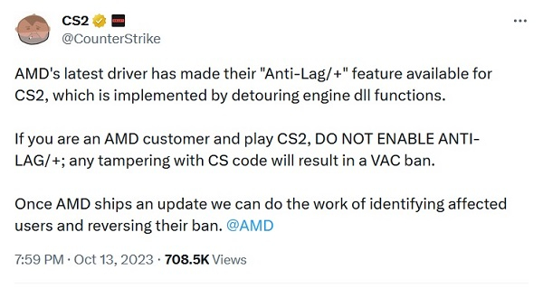 Valve предупредила, что использование новой функции AMD в Counter-Strike 2 приведёт к блокировке VAC — уже есть пострадавшие